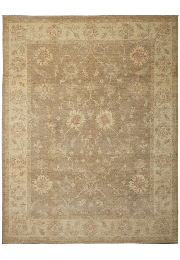 Beige area rug with intricate patterns on a white background
