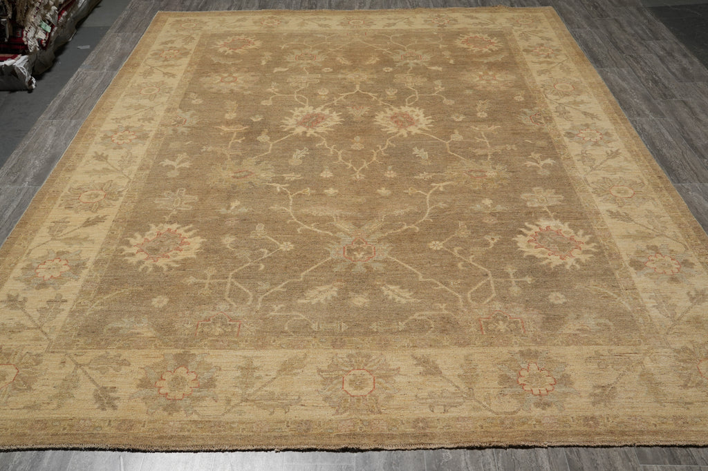 Beige patterned rug on a wooden floor