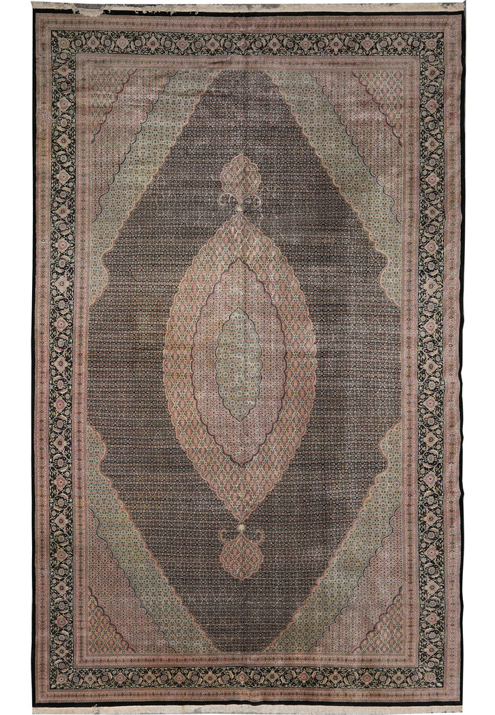 12.5 x 19 Hand-Knotted Quality Wool and Silk Tabriz Mahi Rug Black