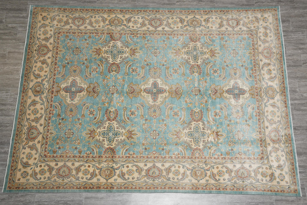 9 x 12.3 Chobi Handmade Peshawar Carpet Aqua Teal Blue #F-4256