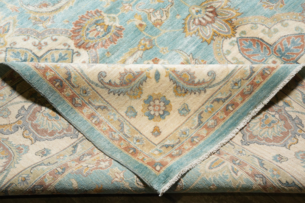 9 x 12.3 Chobi Handmade Peshawar Carpet Aqua Teal Blue #F-4256