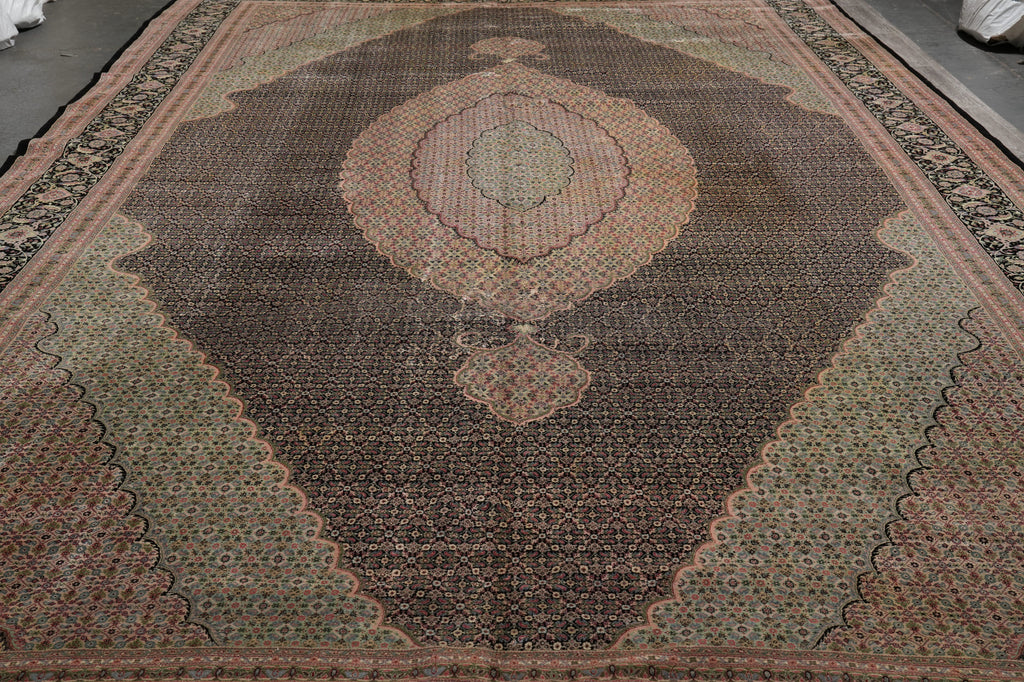 12.5 x 19 Hand-Knotted Quality Wool and Silk Tabriz Mahi Rug Black #B-78935