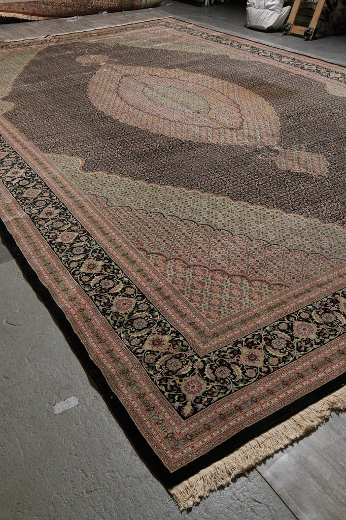 12.5 x 19 Hand-Knotted Quality Wool and Silk Tabriz Mahi Rug Black #B-78935