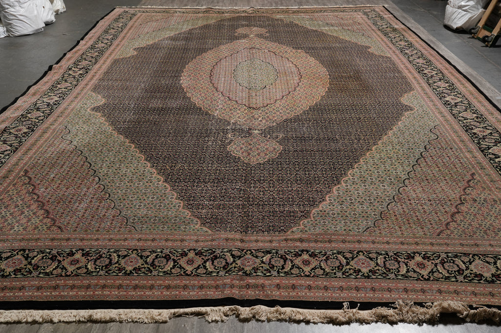 12.5 x 19 Hand-Knotted Quality Wool and Silk Tabriz Mahi Rug Black #B-78935