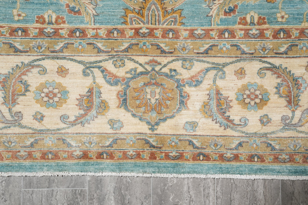 9 x 12.3 Chobi Handmade Peshawar Carpet Aqua Teal Blue #F-4256