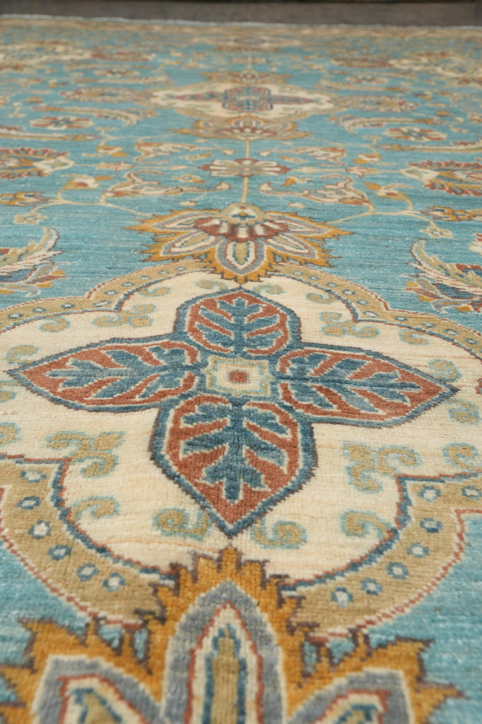 9 x 12.3 Chobi Handmade Peshawar Carpet Aqua Teal Blue #F-4256