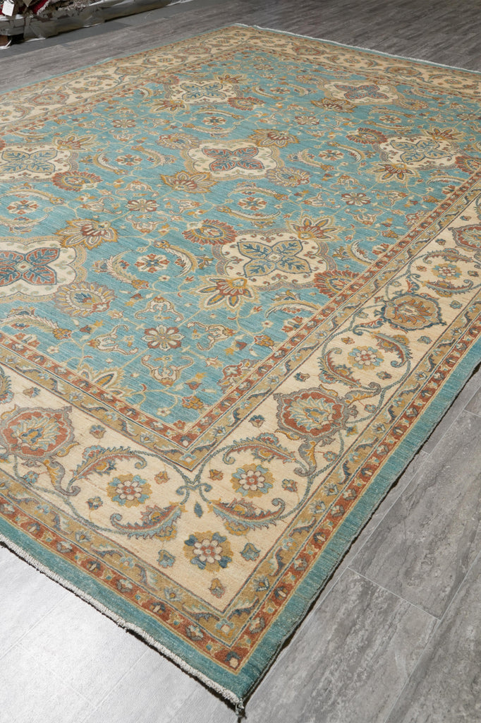 9 x 12.3 Chobi Handmade Peshawar Carpet Aqua Teal Blue #F-4256