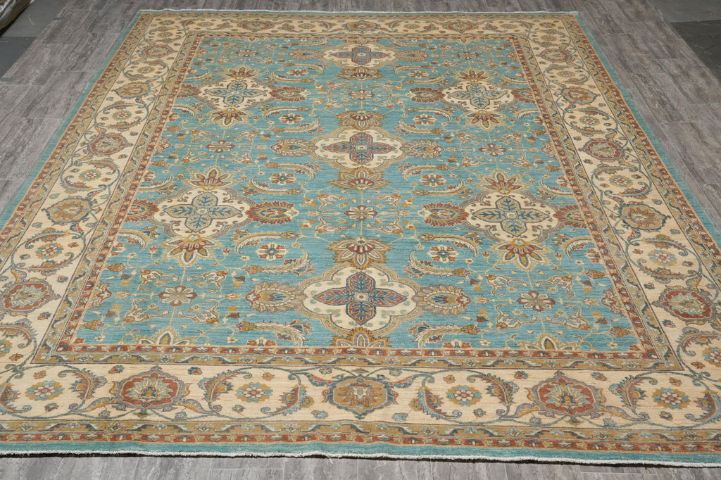 9 x 12.3 Chobi Handmade Peshawar Carpet Aqua Teal Blue #F-4256