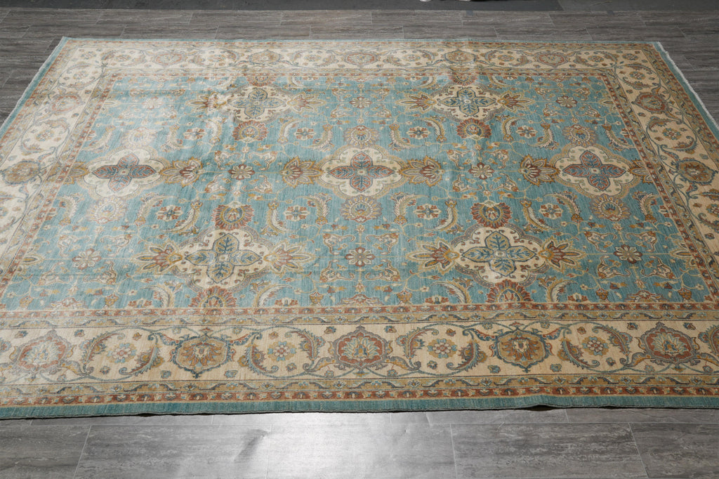 9 x 12.3 Chobi Handmade Peshawar Carpet Aqua Teal Blue #F-4256