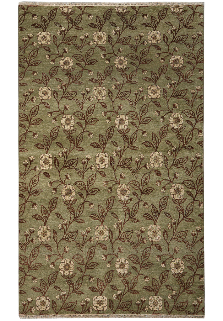 Green floral patterned rug with brown flowers and leaves on a white background