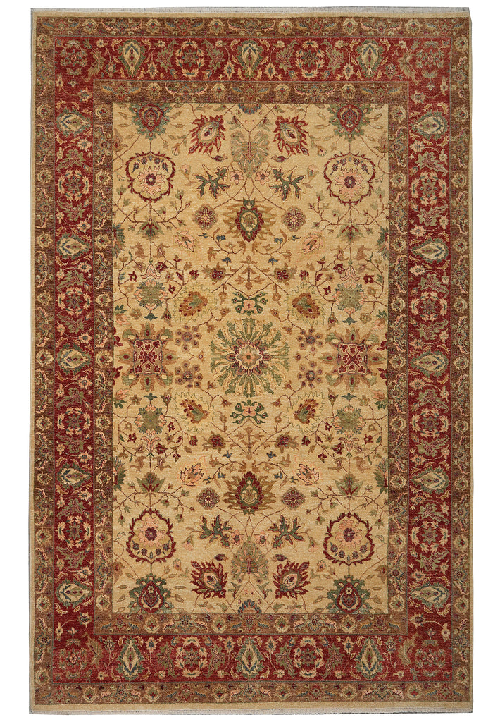 Decorative rug with intricate patterns in red, beige, and green on a plain background