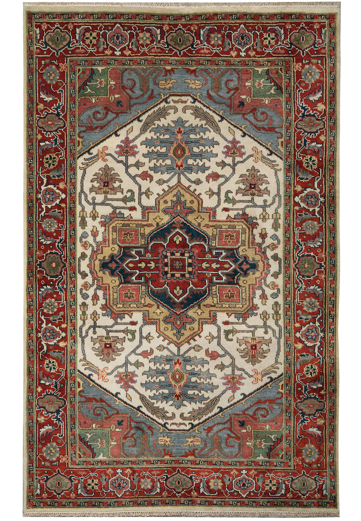 Decorative rug with intricate patterns in red, blue, and beige on a white background