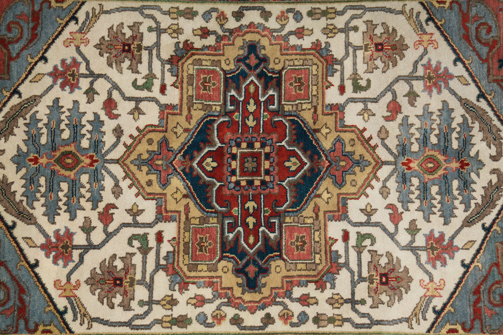 Close-up of a patterned rug with geometric design
