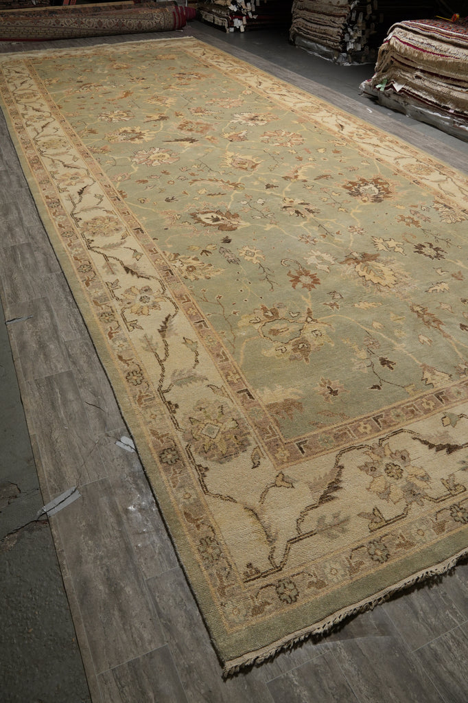 10 x 26.3 Faded Olive Green Indian Oushak Super Large Runner Rug #PIX-16981