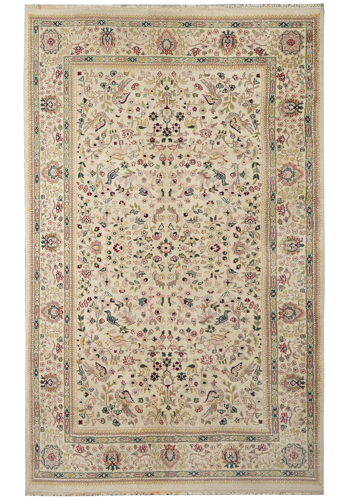 Decorative rug with intricate patterns on a beige background