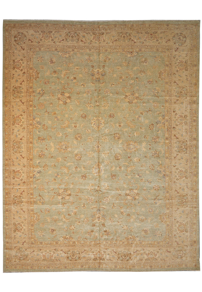13.1 x 16.6 Quality Hand-Knotted Chobi Peshawar Zigler Rug Green Gold Sale Clearance