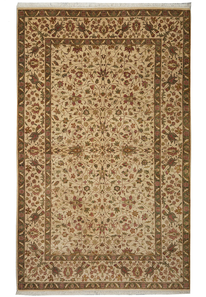Decorative rug with intricate patterns on a beige background