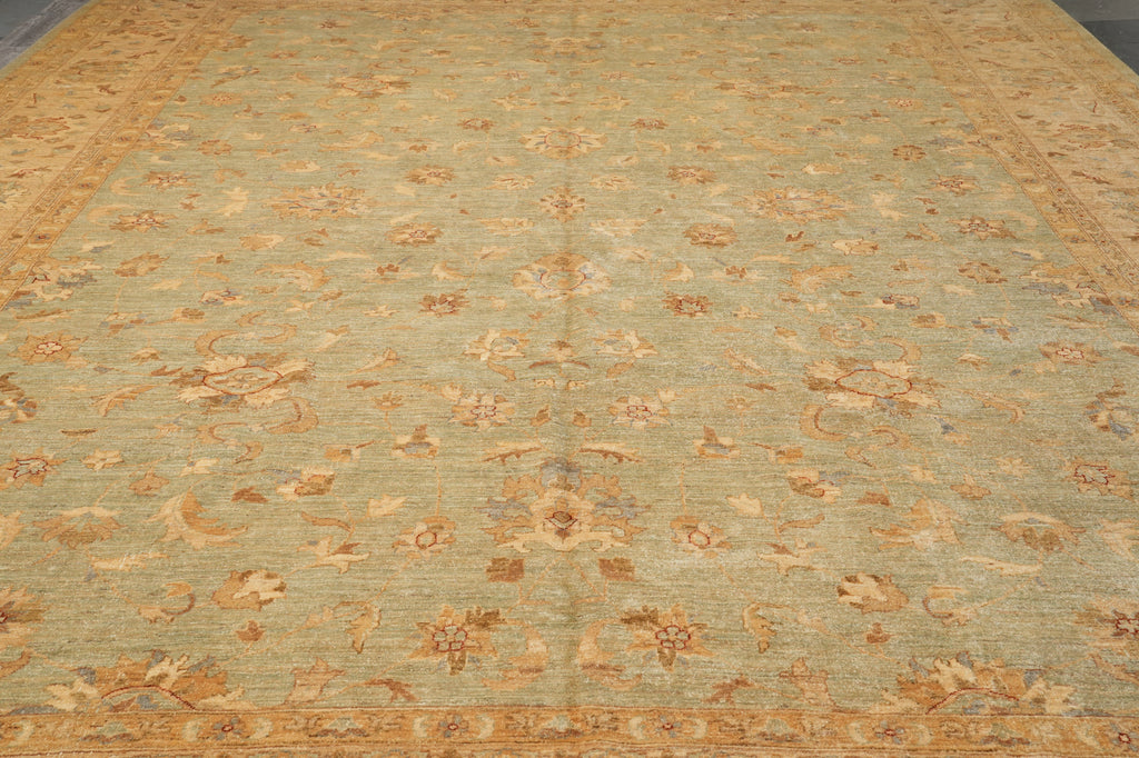 13.1 x 16.6 Quality Hand-Knotted Chobi Peshawar Zigler Rug Green Gold Sale Clearance #PIX-15435