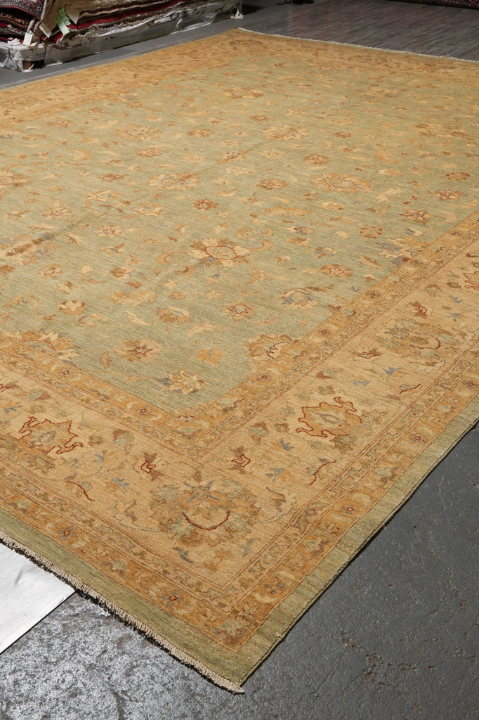 13.1 x 16.6 Quality Hand-Knotted Chobi Peshawar Zigler Rug Green Gold Sale Clearance #PIX-15435