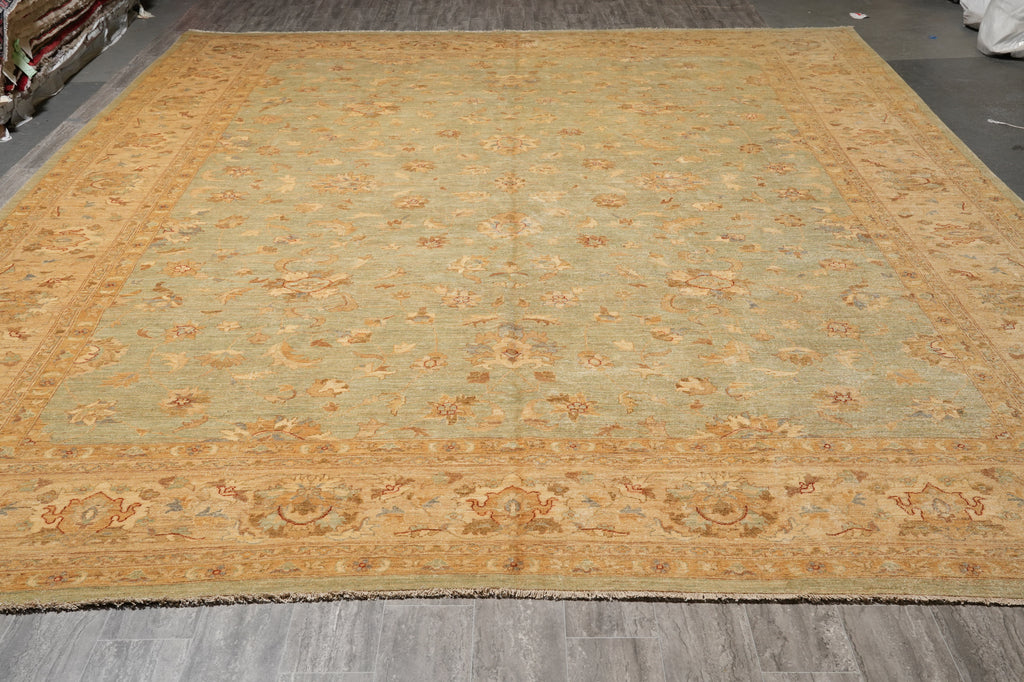 13.1 x 16.6 Quality Hand-Knotted Chobi Peshawar Zigler Rug Green Gold Sale Clearance #PIX-15435