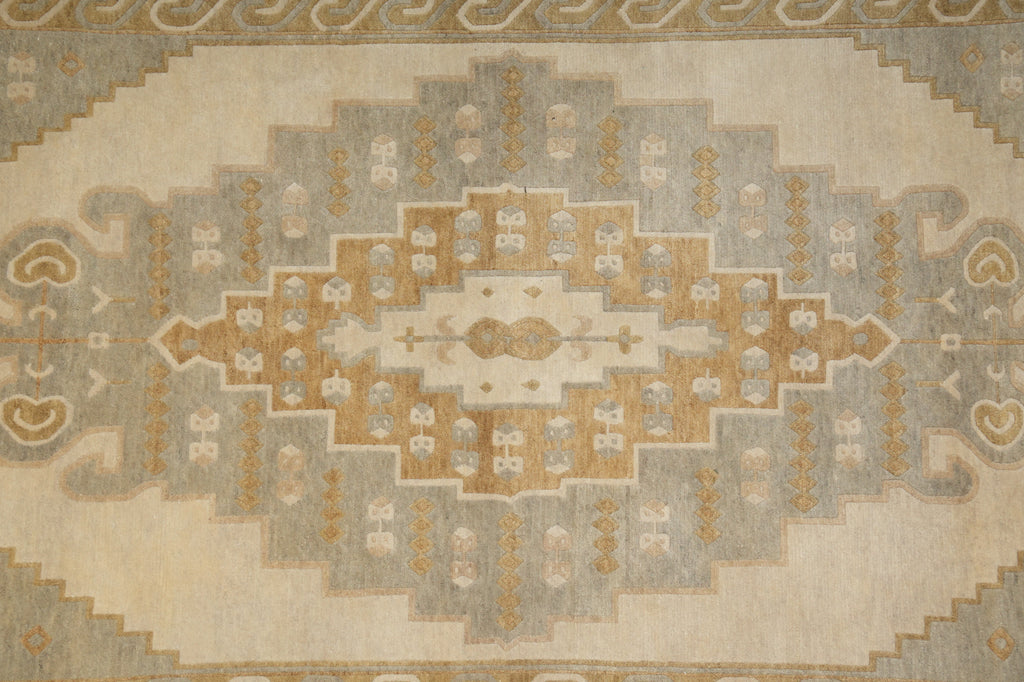 Close-up of a patterned rug with geometric design
