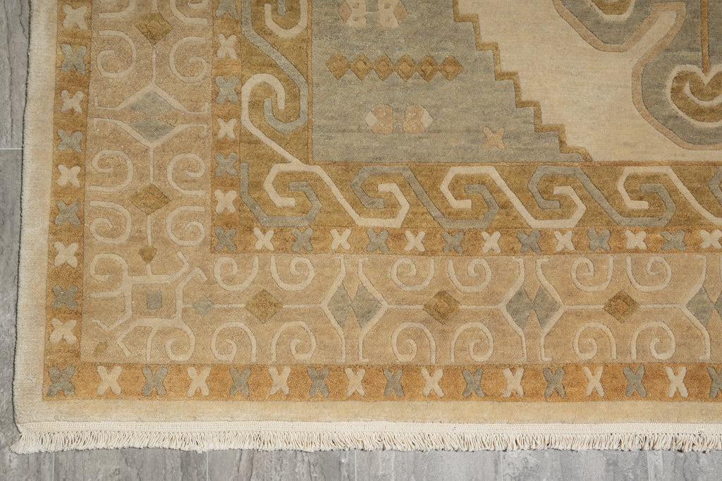 Decorative rug with intricate patterns on a wooden floor