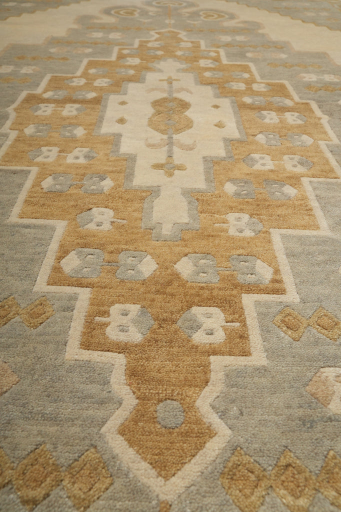 Close-up of a patterned rug with geometric design