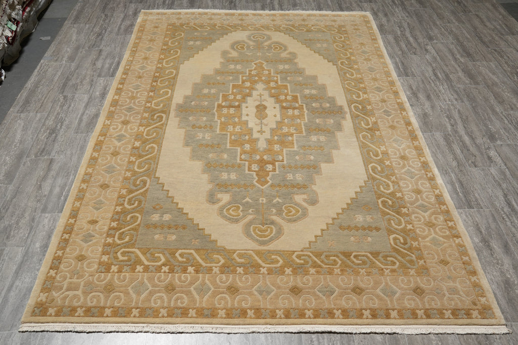 Decorative rug with intricate patterns on a wooden floor