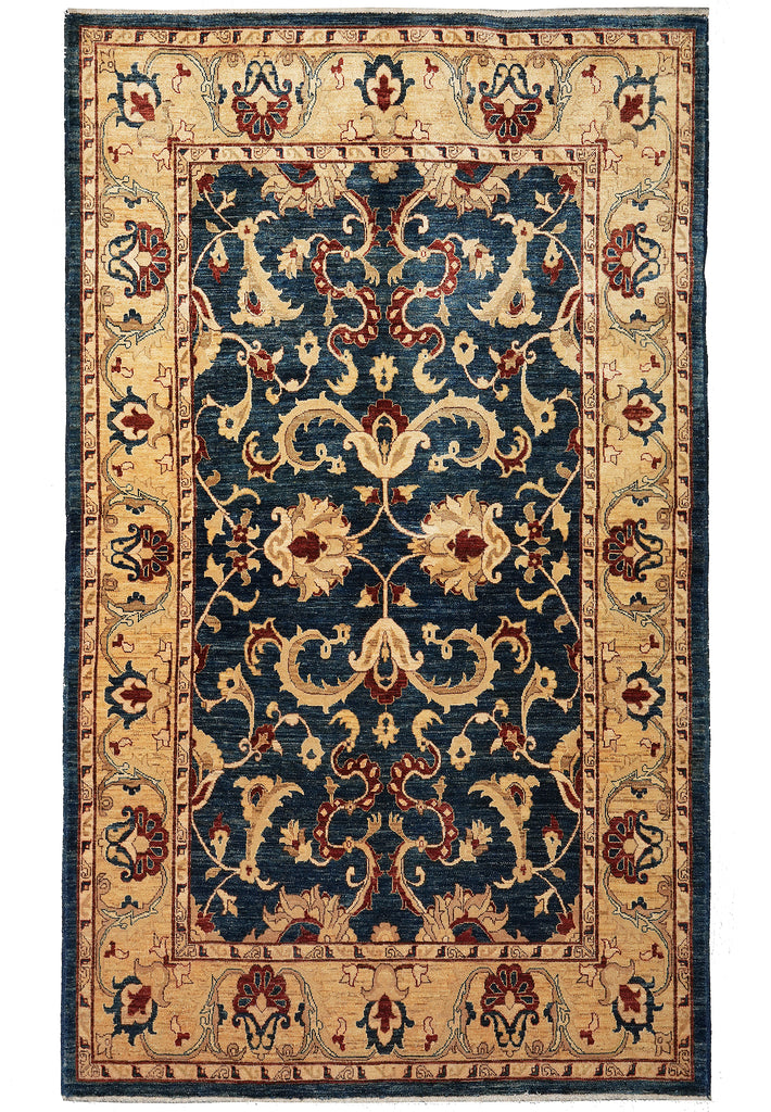 Decorative rug with intricate patterns on a beige and blue background