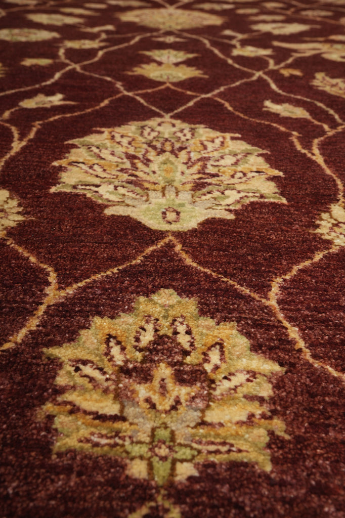 Close-up of a patterned rug with intricate designs on a brown background