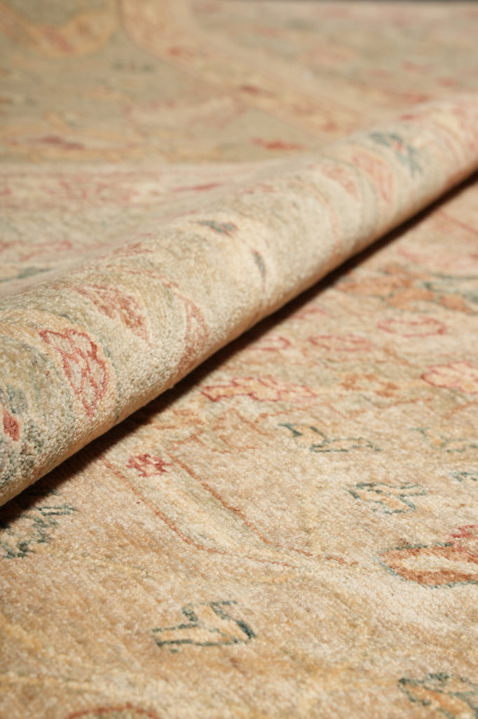 Close-up of a patterned rug with earthy tones