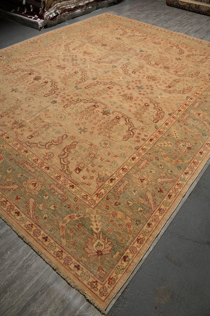 Hexagonal patterned rug on a gray floor