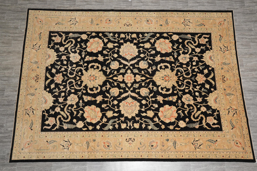 10.3 x 14.2 Black Zigler Quality Handmade Rug Chobi Peshawar Natural Wool