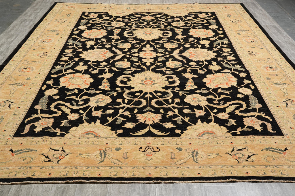 10.3 x 14 Black Zigler Quality Handmade Rug Chobi Peshawar Natural Wool #F-4266