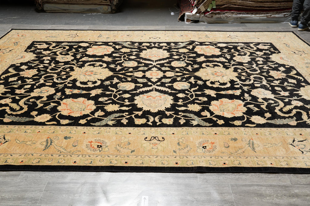 10.3 x 14 Black Zigler Quality Handmade Rug Chobi Peshawar Natural Wool #F-4266