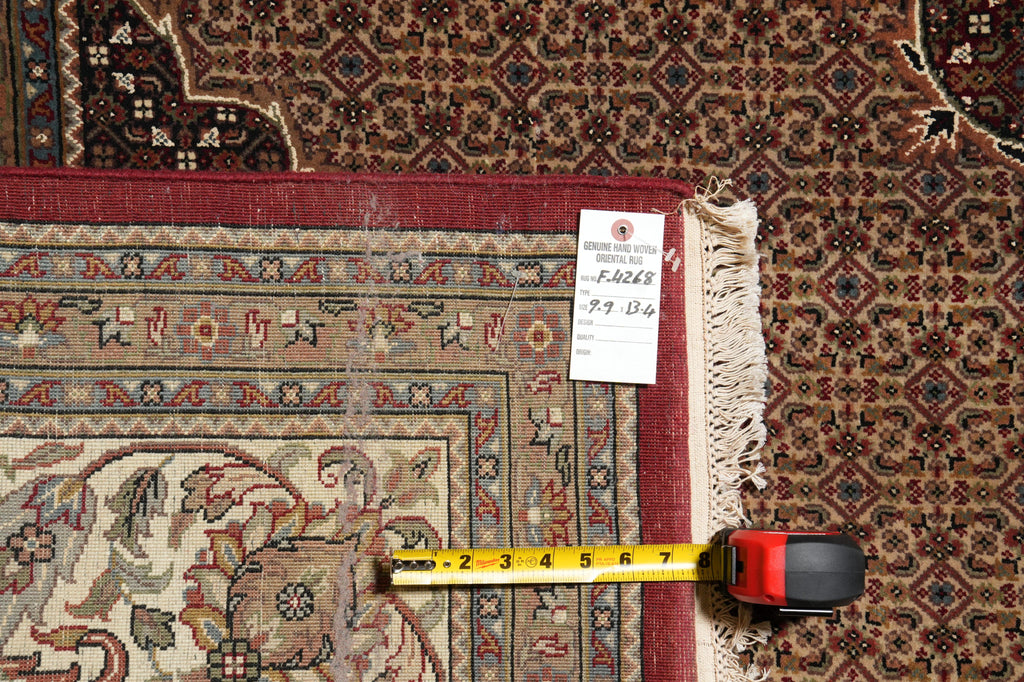 9.9 x 13.4 High Quality Wool and Silk Tabriz Mahi Rug Black Handmade India #F-4268