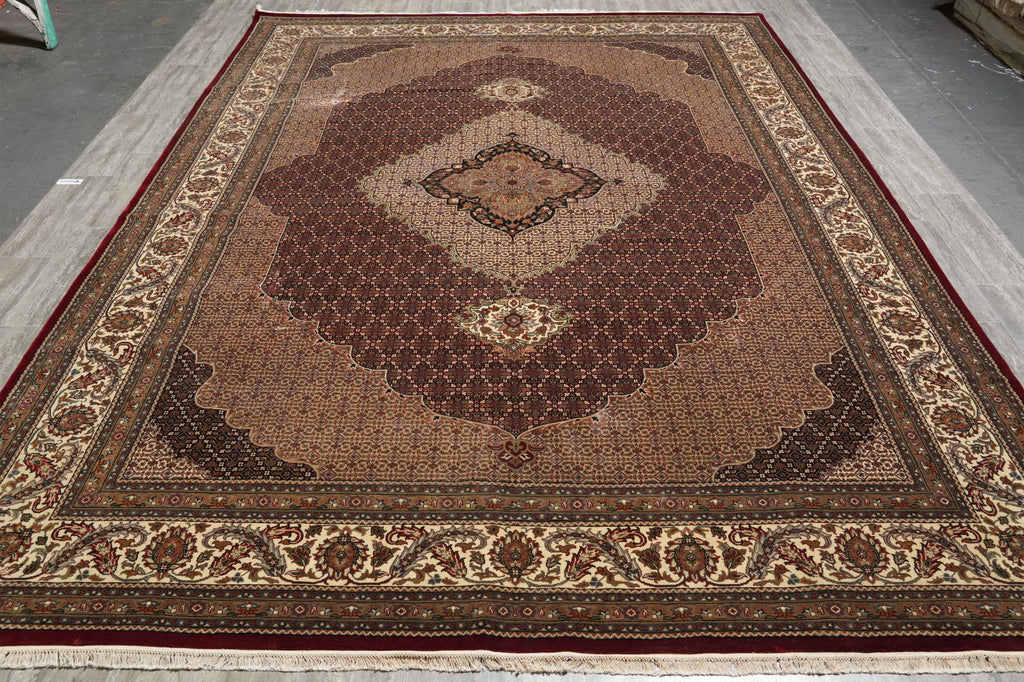 9.9 x 13.4 High Quality Wool and Silk Tabriz Mahi Rug Black Handmade India #F-4268