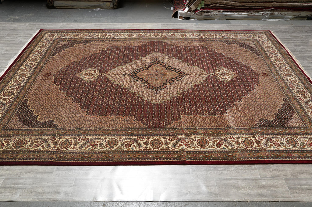 9.9 x 13.4 High Quality Wool and Silk Tabriz Mahi Rug Black Handmade India #F-4268