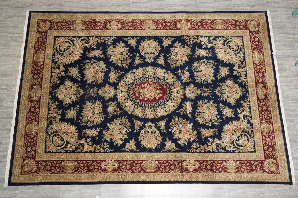 10 x 14 High Quality Handmade Wool and Silk Amazing Beautiful Rug Dark Royal Blue Floral French  #F-4272