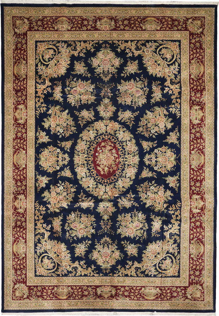 10 x 14 High Quality Handmade Wool and Silk Amazing Beautiful Rug Dark Royal Blue Floral French  #F-4272