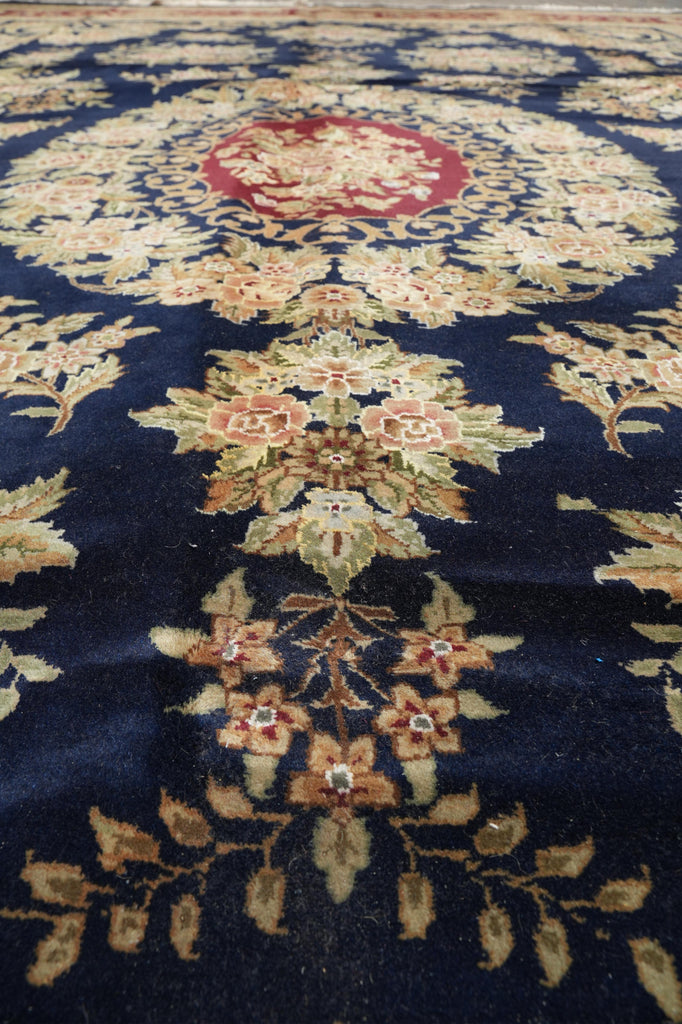 10 x 14 High Quality Handmade Wool and Silk Amazing Beautiful Rug Dark Royal Blue Floral French  #F-4272