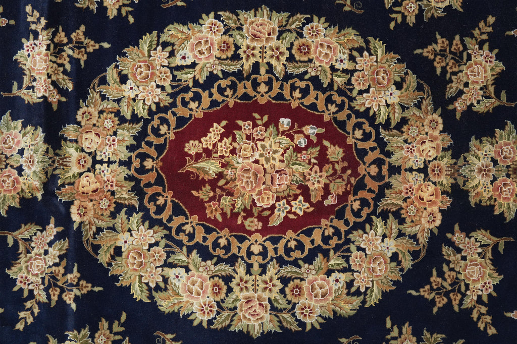 10 x 14 High Quality Handmade Wool and Silk Amazing Beautiful Rug Dark Royal Blue Floral French  #F-4272
