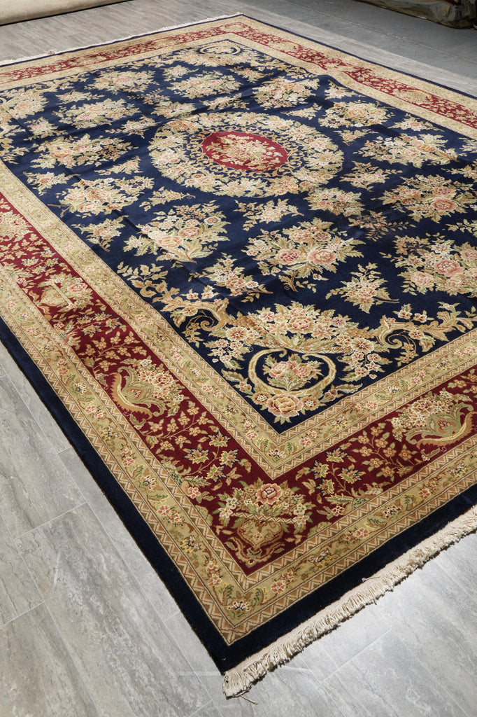 10 x 14 High Quality Handmade Wool and Silk Amazing Beautiful Rug Dark Royal Blue Floral French  #F-4272