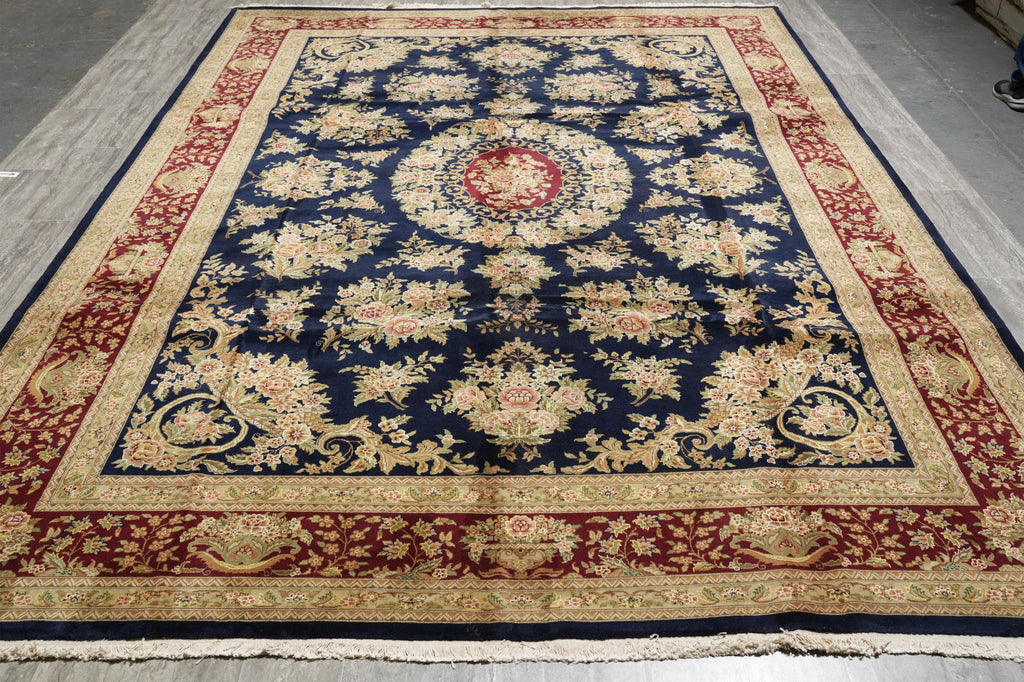 10 x 14 High Quality Handmade Wool and Silk Amazing Beautiful Rug Dark Royal Blue Floral French  #F-4272