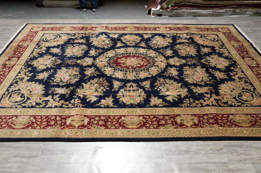 10 x 14 High Quality Handmade Wool and Silk Amazing Beautiful Rug Dark Royal Blue Floral French  #F-4272