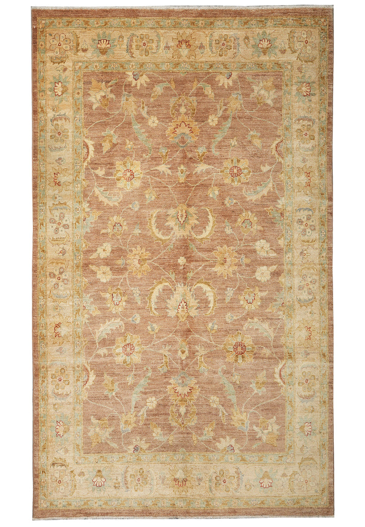 Decorative rug with intricate patterns on a beige background