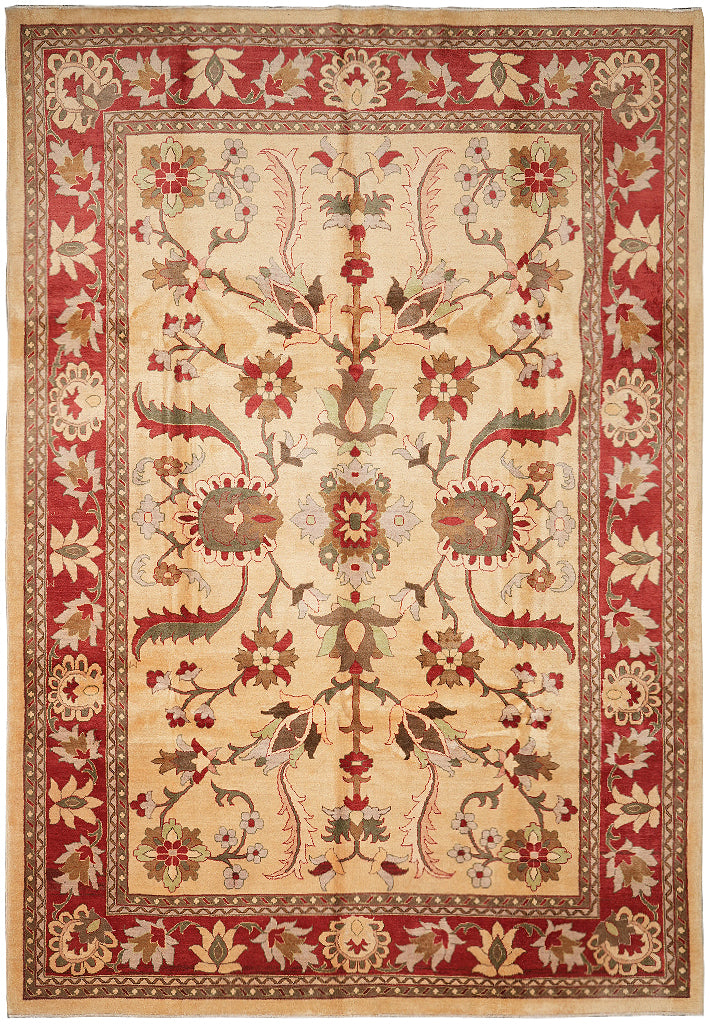 10.1 x 13.8 Chobi Peshawar Rug Handmade Pakistan Beige Coral #F-4276