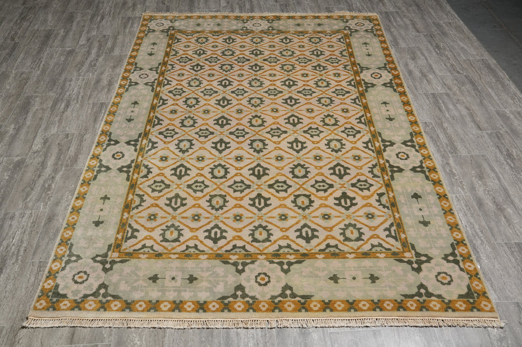 Decorative rug with geometric pattern on a wooden floor