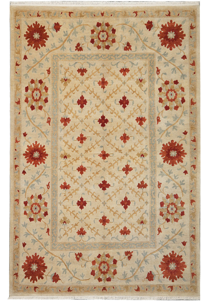 Decorative rug with red floral patterns on a beige background