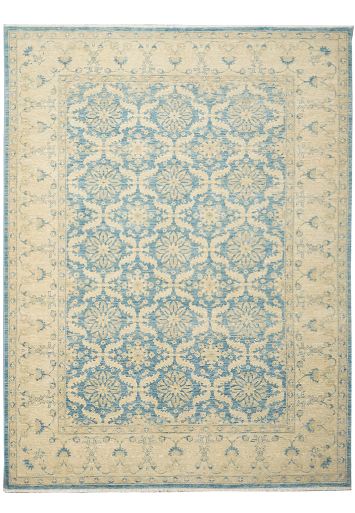 Decorative rug with a blue and beige pattern on a white background
